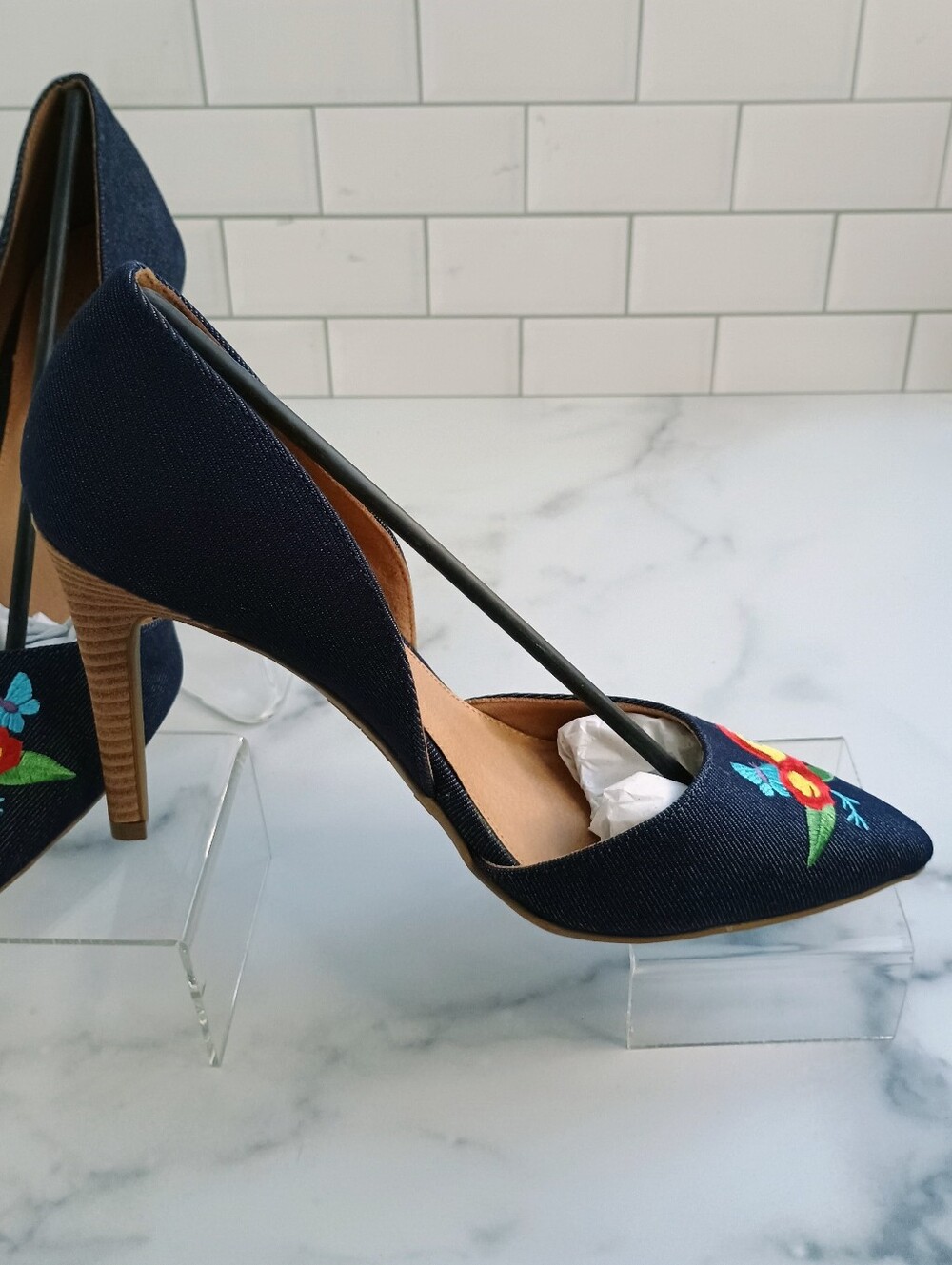 Christian Siriano Dark Denim Embroidered Pointed-Toe d'Orsay Pumps - Picture 6 of 14